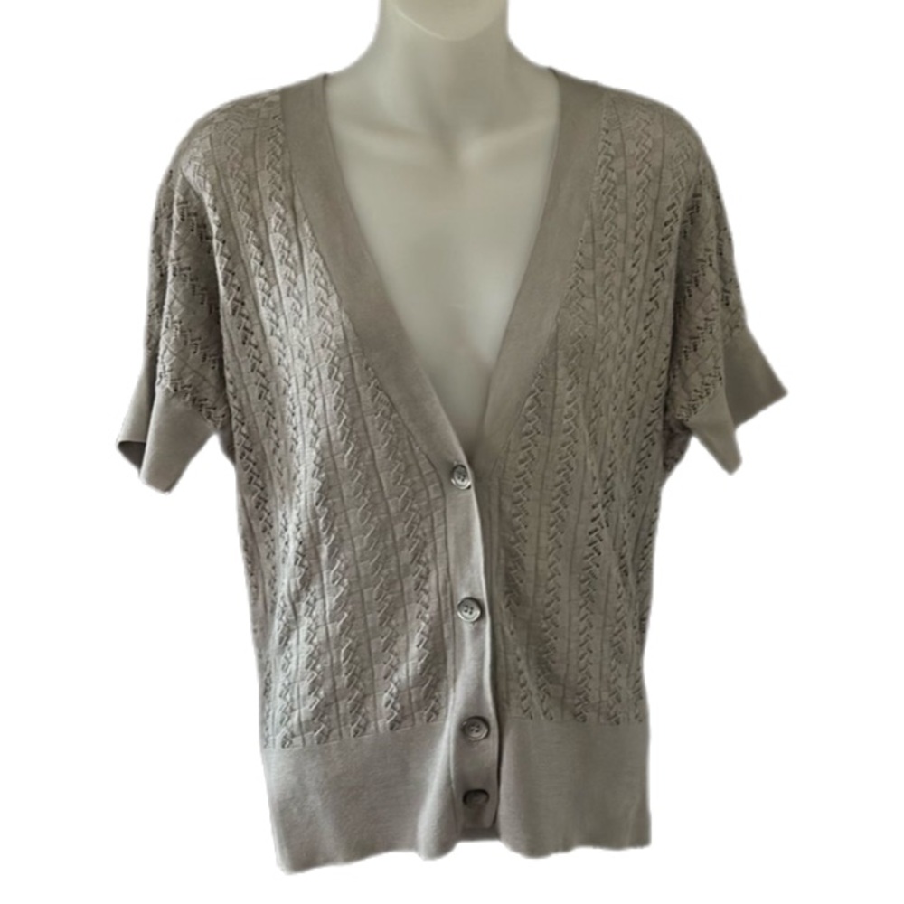 LOFT Pima Cotton Pointelle Knit Short Sleeve Cardigan Gray Button Front Size M - Picture 3 of 9